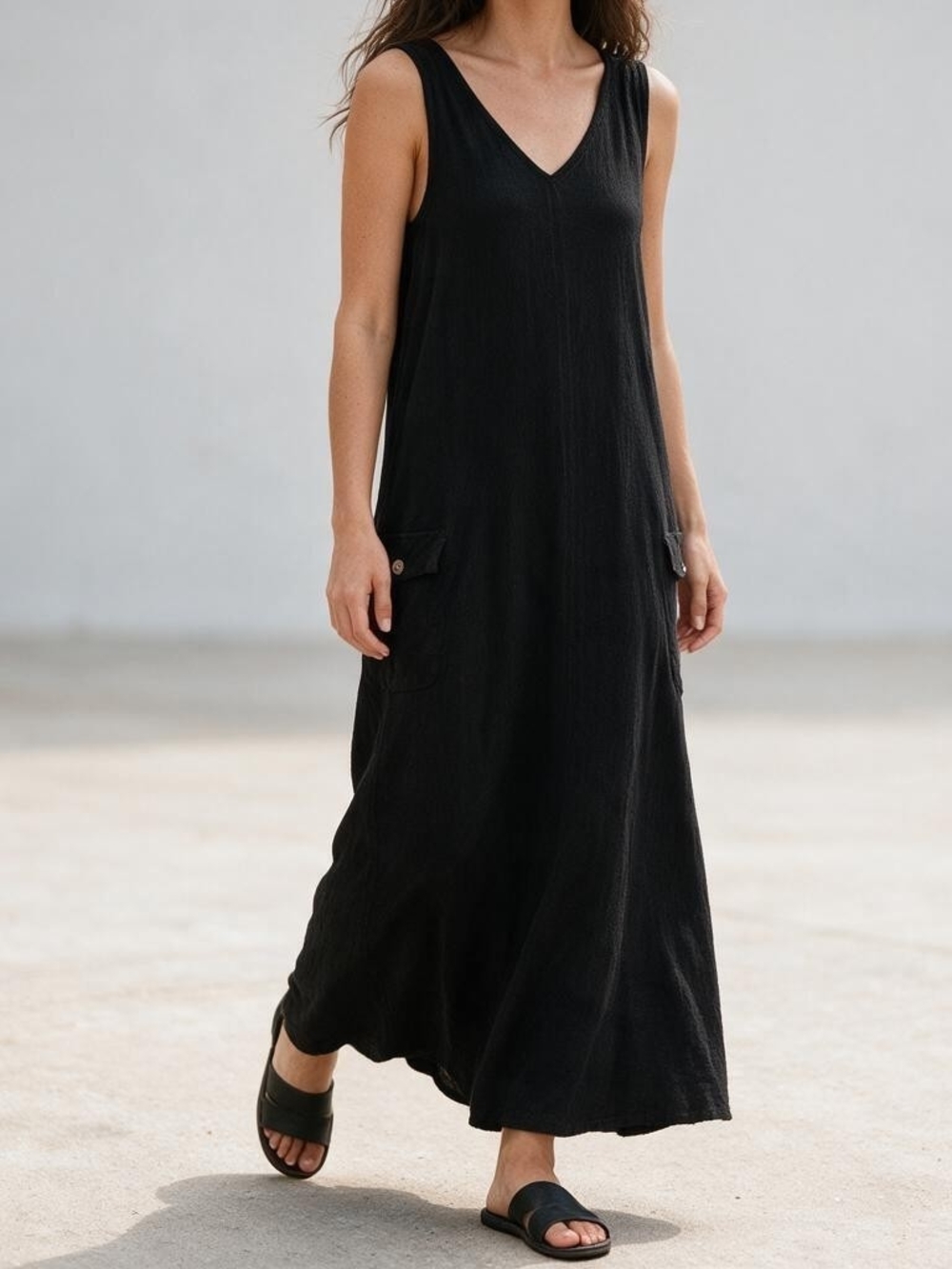 Carole Little Sport Vintage Black V-Neck Sleeveless Maxi Dress Size XL PRISTINE